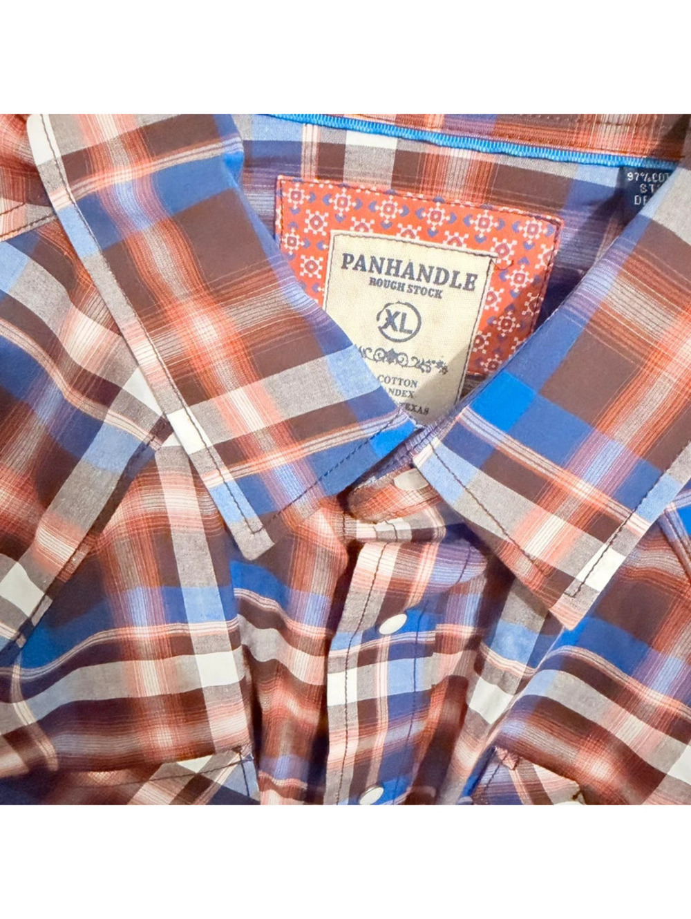 Panhandle Rough Stock Men’s XL Blue Brown Plaid Western Pearl Snap Shirt